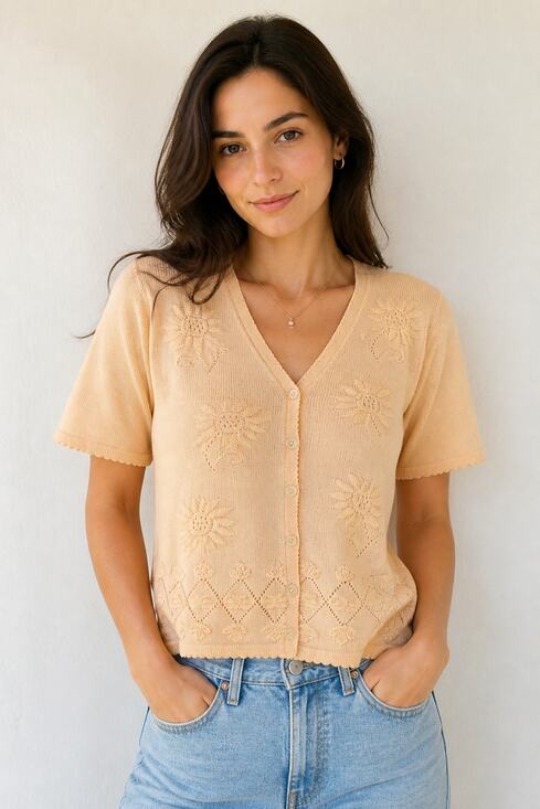 Alfred Dunner Tops - Vintage Alfred Dunner Women's Peach Embroidered Cardigan Top Size L USA